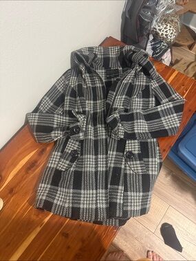 Metropark Black & White Plaid Pea Coat with Hood